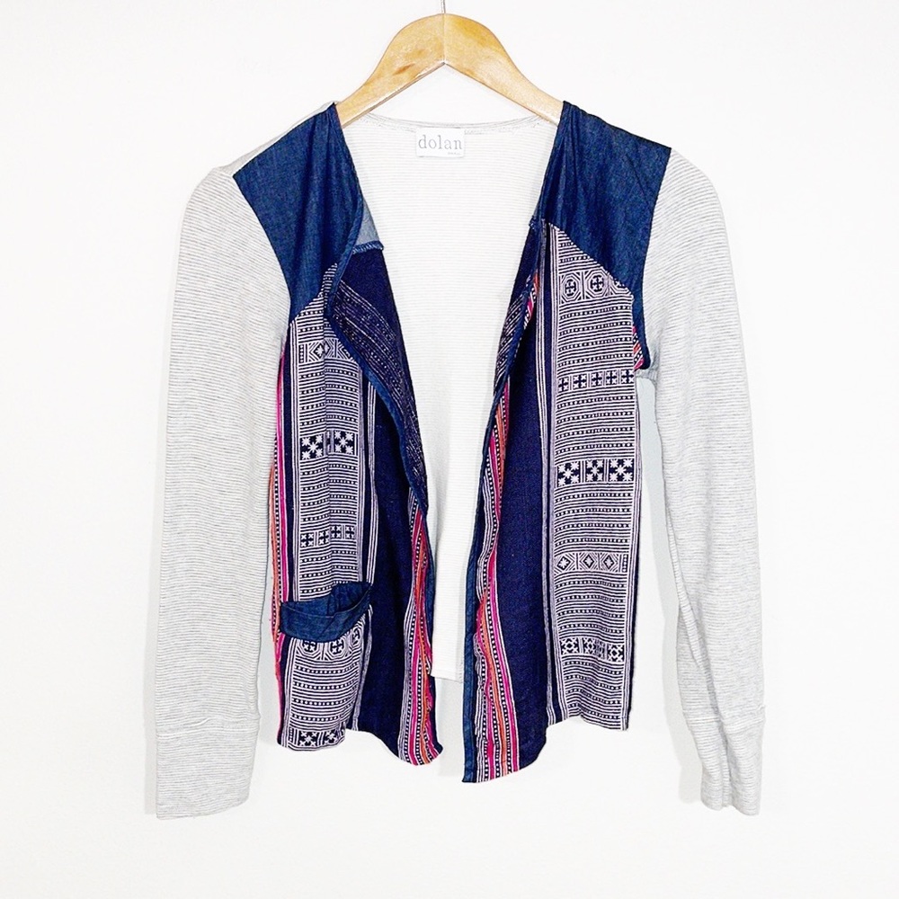 DOLAN Anthropologie Chambray Patchwork Open Front Cardigan Size Small